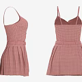 Pink Checkered Spaghetti Strap Dress With Waist Belt And Pleated Skirt