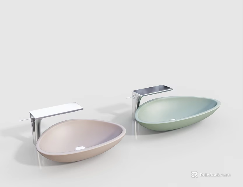 Two Oval Shaped Pastel Pink And Mint Green Washbasins With Metal Stands And Countertops 3d model 