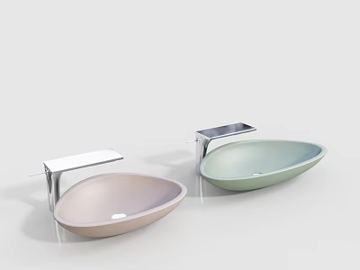 Two Oval Shaped Pastel Pink And Mint Green Washbasins With Metal Stands And Countertops 3d model