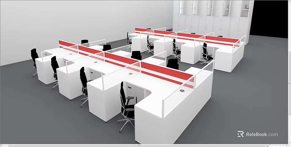 Modern Office Desks With White Surfaces Red Partitions And Black Chairs 3d model 