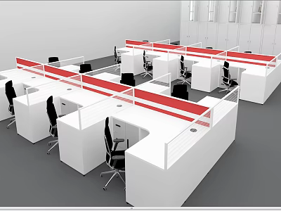 Modern Office Desks With White Surfaces Red Partitions And Black Chairs 3d model