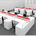 Modern Office Desks With White Surfaces Red Partitions And Black Chairs