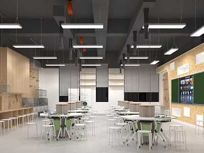 Spacious Modern School Classroom Interior With Hanging Lights Wooden Walls And Green Blackboard 3d model