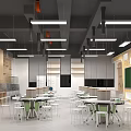 Spacious Modern School Classroom Interior With Hanging Lights Wooden Walls And Green Blackboard