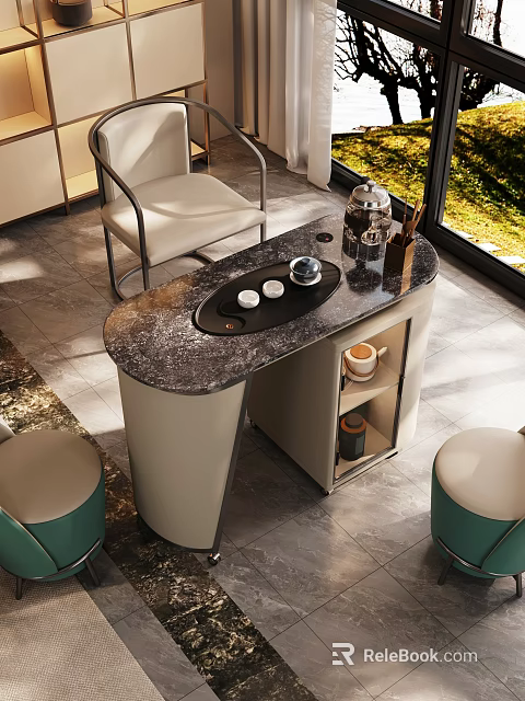 Modern Tea Table and Chairs Set With Marble Top Storage Shelf And Beige Green Accents 3d model 