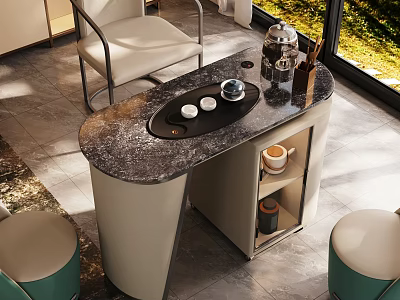 Modern Tea Table and Chairs Set With Marble Top Storage Shelf And Beige Green Accents 3d model