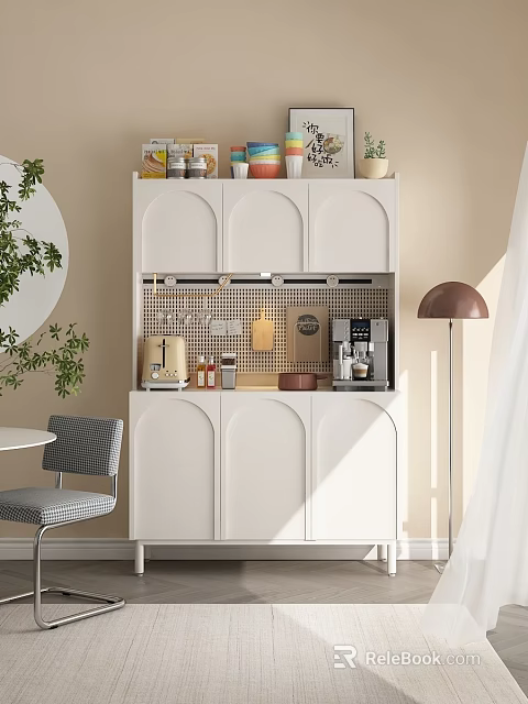 White Modern Console Cabinet Sideboard With Coffee Machine Decor Items And Plant 3d model