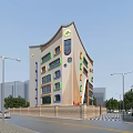 Modern School Building With Contemporary Architectural Design Colorful Facade Surrounding Trees Parking Lot And Roads
