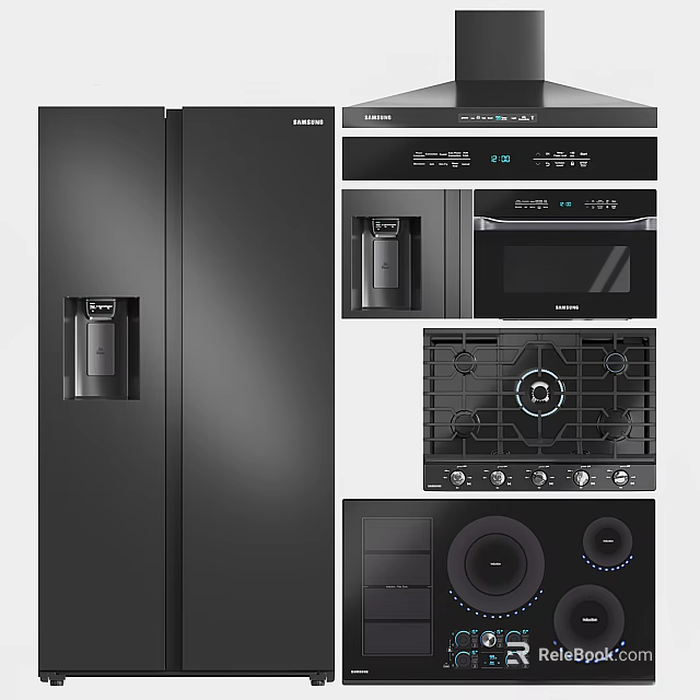 Modern Black Kitchen Appliances Including Refrigerator Range Hood Microwave Oven And Stove 3d model 