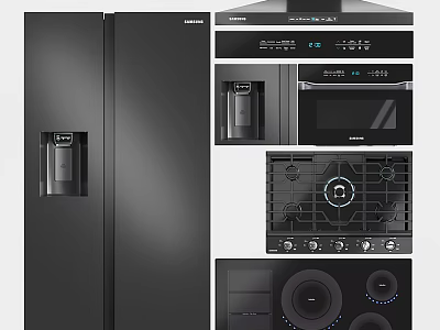 Modern Black Kitchen Appliances Including Refrigerator Range Hood Microwave Oven And Stove 3d model