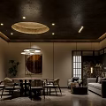 Elegant Private Box Interior Featuring Dining Table Sofa Pendant Lights Decorative Painting And Plants 3d model