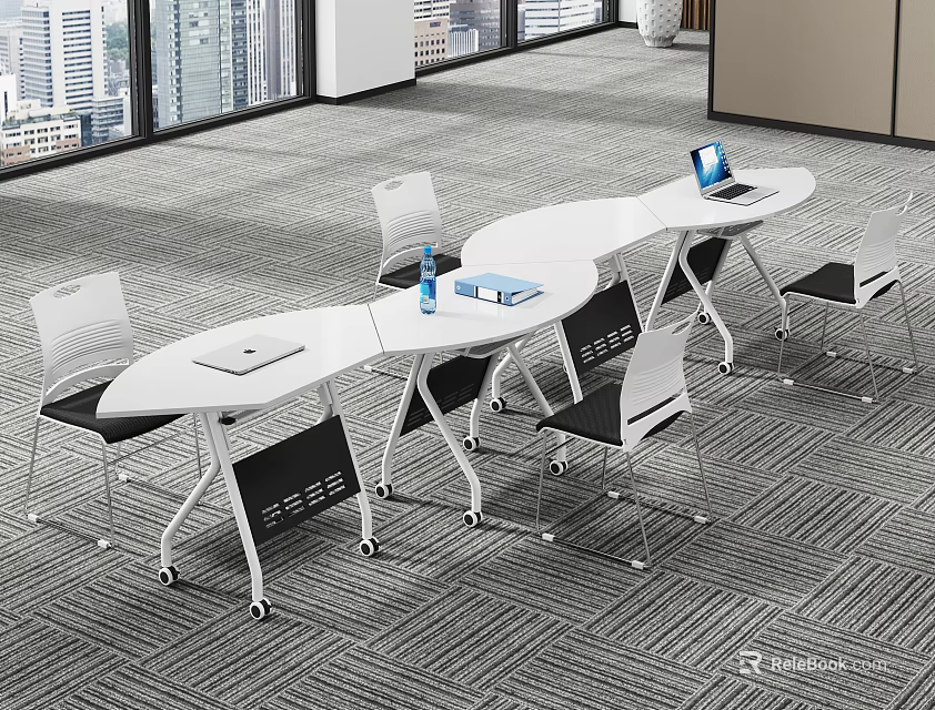 Modern Conference Table In Office With White Chairs Laptop Water Bottle Large Windows City View 3d model 