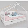 House Shaped Frame Wooden Kids Bed With Pink Gray Bedding Pillows And Storage Drawers