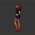 Vintage Pinup Woman In Blue Uniform Red Hairband Red Heels Holding Tray Beverage Bottle
