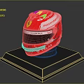 Red Ferrari Racing Helmet With Santander Text And VELAS Brand On Black Base Stand