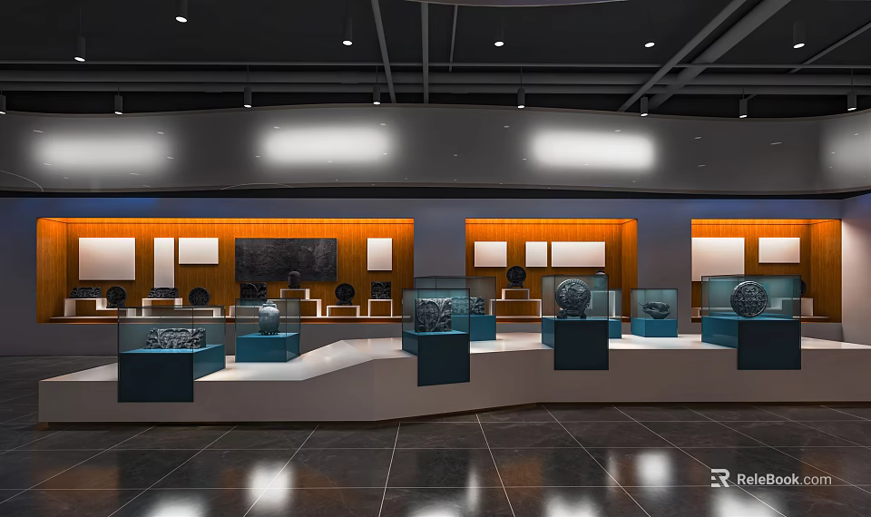Modern Exhibition Hall Interior With Glass Display Cases And Art Exhibits 3d model 