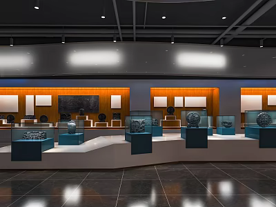 Modern Exhibition Hall Interior With Glass Display Cases And Art Exhibits 3d model