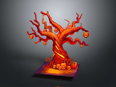Cartoon Scene Featuring Red Trunk Tree With Hanging Jack O Lanterns And Pumpkins At Base 3d model