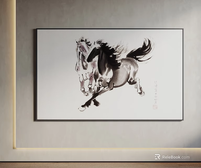 Traditional Animal Painting Featuring Running Horses In Black And White Ink Style 3d model 