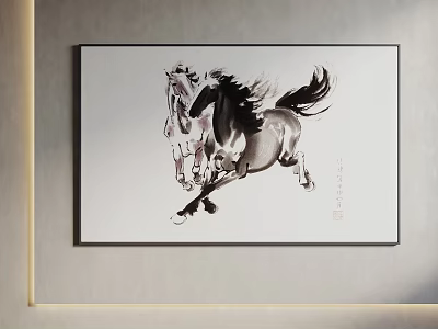 Traditional Animal Painting Featuring Running Horses In Black And White Ink Style 3d model