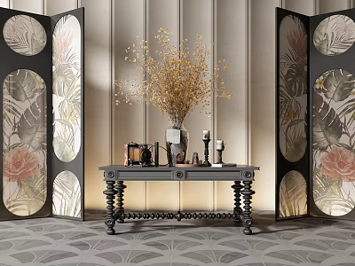 Elegant Console Table With Decorative Screens Vase Dried Flowers Light Textured Wall And Patterned Tiles 3d model