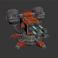 Red Mechanical Turret Weapon with Multiple Barrels and Metallic Base Structure 3d model