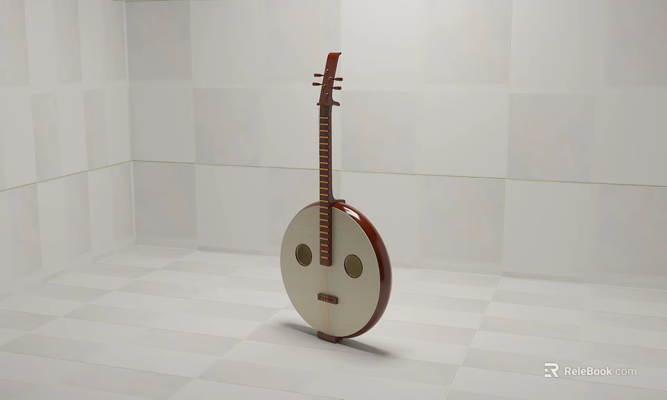 Brown And White Pipa Instrument With Long Neck And Round Body On White Tiled Floor 3d model 