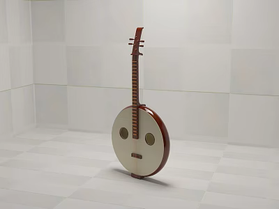 Brown And White Pipa Instrument With Long Neck And Round Body On White Tiled Floor 3d model