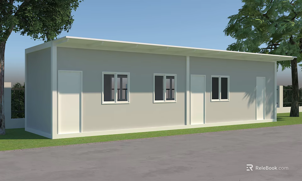 Modern Single Story White Container Building With Windows Doors Grass And Trees 3d model