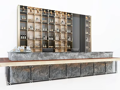 Elegant Modern Bar Counter Design With Stone Countertop Wine Rack Wine Bottles And Glasses 3d model