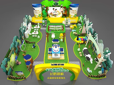 Feihuo Milk Powder Exhibition Booth With Green Grass Trees Cows And Seven Freshness Guarantees 3d model