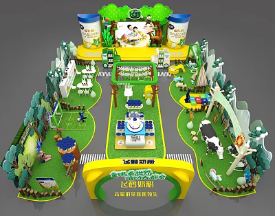 Feihuo Milk Powder Exhibition Booth With Green Grass Trees Cows And Seven Freshness Guarantees 3d model