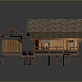 Traditional Wooden Stilt House With Thatched Roof Outdoor Platform And Railings