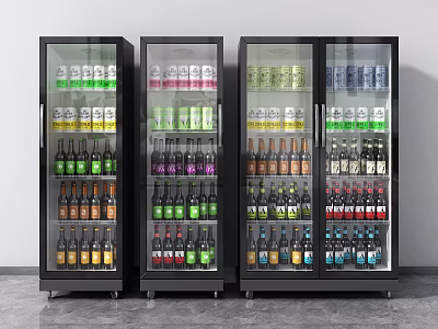 Three Glass Door Display Refrigerators With Neatly Arranged Cold Beverages 3d model