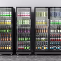 Three Glass Door Display Refrigerators With Neatly Arranged Cold Beverages