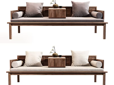 Modern Luohan Bed Design With Wooden Frame Soft Cushions And Small Table 3d model