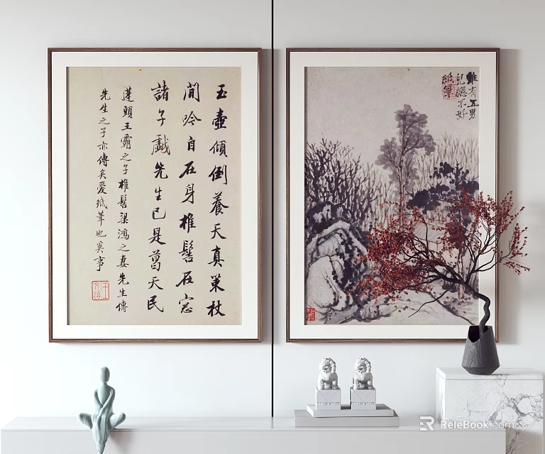 Chinese Traditional Calligraphy And Landscape Paintings With Decorative Vase Figurines And Green Plant 3d model 
