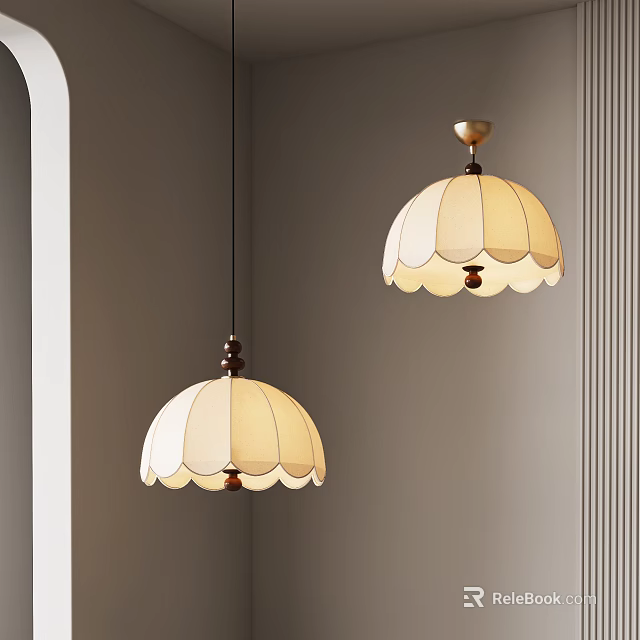 Elegant Cream White Pendant Lights With Scalloped Edge And Golden Base On Light Gray Wall 3d model 