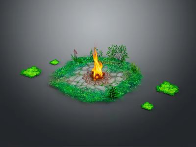 Wood And Stone Fire Pit With Circular Paved Ground Green Plants And Grass 3d model