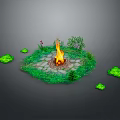 Wood And Stone Fire Pit With Circular Paved Ground Green Plants And Grass