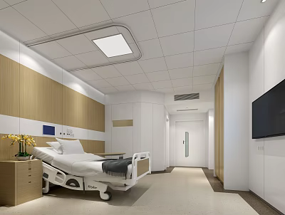 Hospital Outpatient Clinic Interior With Medical Bed Equipment Wooden Panels Recessed Lighting TV And Vase 3d model