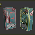 Two Turquoise Vintage Coin Operated Machines With Red Logos And Slots