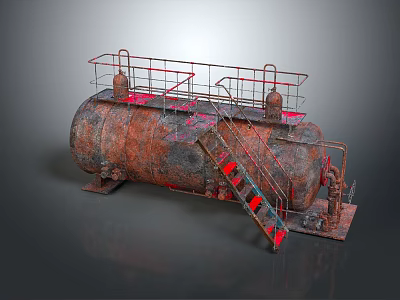 Rusted Industrial Storage Tank Structure With Red Stairs And Safety Railings 3d model