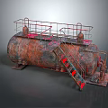 Rusted Industrial Storage Tank Structure With Red Stairs And Safety Railings