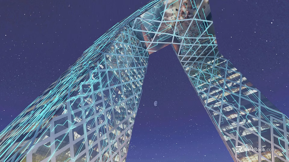 Arch Shaped Office Building With Lattice Structure And Illuminated Interior At Night Starry Sky Background 3d model 