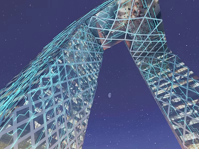 Arch Shaped Office Building With Lattice Structure And Illuminated Interior At Night Starry Sky Background 3d model
