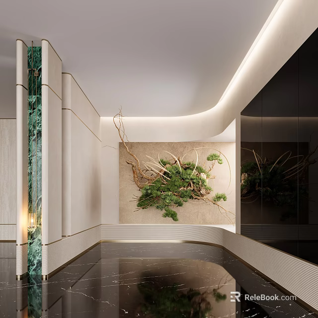 Elegant Modern Interior With Marble Wall Green Plants And Reflective Mirror 3d model 