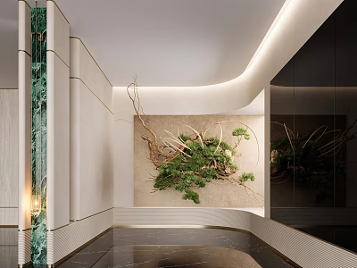 Elegant Modern Interior With Marble Wall Green Plants And Reflective Mirror 3d model
