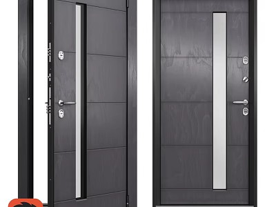Modern Dark Gray Swing Door With Glass Panel And Metal Handle Design 3d model