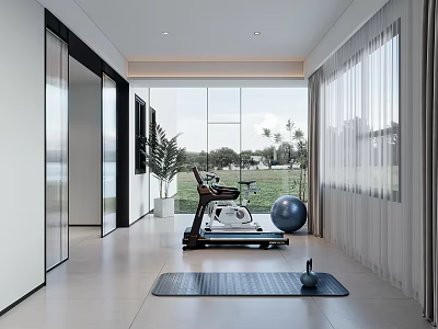 Modern Home Recreation Room With Gym Equipment Plants And Natural Light 3d model